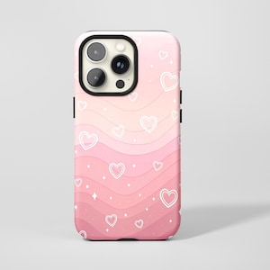 May include: A pink and white phone case with a wavy pattern of pink shades. White heart shapes and small star-like details are scattered across the design. The case has a black camera ring and side buttons.