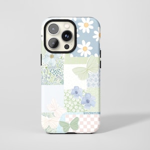 May include: A patchwork-style phone case featuring a variety of floral and butterfly patterns in pastel colors. The design includes daisies, butterflies, and floral motifs on a light blue, green, and pink background.