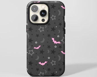 Pastel Goth Phone Case,Pink bat,Black star,Gray pentagram,Crescent moon,For iphone 17 16 15 14 13 12 11 Pro Max,Samsung S25 S24 ,Magsafe