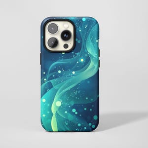 May include: A smartphone case with a vibrant abstract design. The case features a dark blue background with flowing, translucent teal and light green shapes. Small white and yellow dots are scattered across the design, creating a dynamic visual effect.