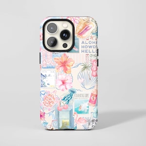 May include: A phone case with a colourful collage design featuring seashells, hibiscus flowers, and the words "Aloha, Howdy, Hello." The case has a light pink, blue, and white colour scheme with a coastal life theme.