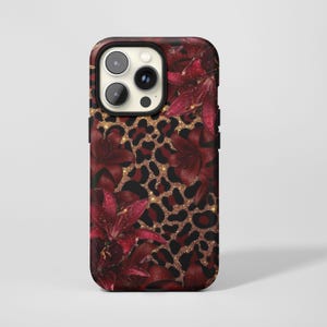 Mobilskal med vinrött och leopardmönster, retro blommig mörk lyxkonst, för iPhone 18 17 16 15 14 13 12 11 Pro Max, Samsung S26 S25, Magsafe