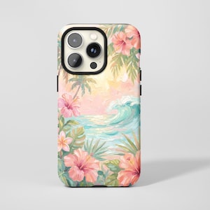 Puede incluir: Funda de teléfono con un diseño de playa tropical. El diseño incluye flores de hibisco rosas, palmeras y una ola turquesa. El fondo tiene una paleta de colores pastel suaves de rosa, amarillo y azul.