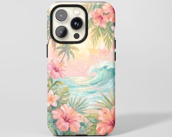 Telefonskal med tropiskt hawaiianskt oljemålningstryck, palmer, hibiskus, havslandskap, för iPhone 17 16 15 14 13 12 11 ProMax, Samsung S26 S25, Magsafe