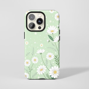 Mint Green Hand Drawn White Daisy Phone Case,Retro Pastel Floral Print,For iPhone 17 16 15 14 13 12 11 Pro Max,Samsung S26 S25 Ultra,Magsafe