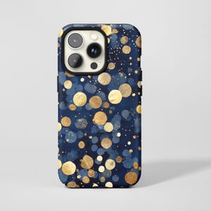 Navy Blue Watercolor & Gold Dot Phone Case,Luxury Dark Moody Polka Dots Art,For iPhone 17 16 15 14 13 12 11 Pro Max,Samsung S26 S25,Magsafe