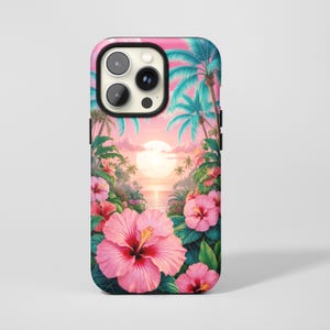 Tropical Sunset Hibiscus Phone Case,Vibrant Summer Beach Vacation Print,For iphone 17 16 15 14 13 12 11 ProMax,Samsung S26 S25 Ultra,Magsafe