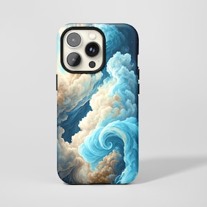 May include: A smartphone case with a striking cloudscape design. The case displays swirling clouds in shades of blue, white, and tan, creating a dynamic and visually appealing aesthetic. The case has a black border and a camera cutout.