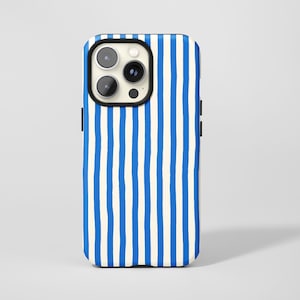 May include: A smartphone case featuring a blue and white striped design. The case has a black border around the camera and a black frame. The case is designed to fit a smartphone.
