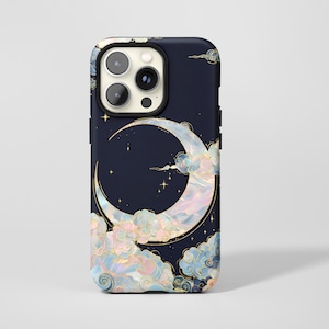 Dreamy Moon Cloud Print Phone Case,Oriental Gilded Mother‑of‑pearl Luxury Art,For iphone 17 16 15 14 13 12 11 ProMax,Samsung S26 S25,Magsafe