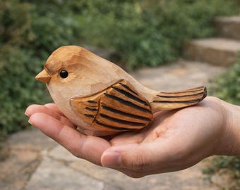 Hand Carved Wooden Bird Statue, Rustic Nature Desk Ornament