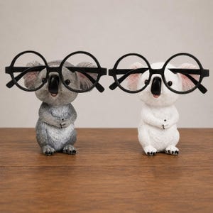 Könnte beinhalten: Zwei Brillenhalter in Koala-Form, einer in Grau und einer in Weiß, jeweils mit strukturierter Oberfläche und einer schwarzen Brille mit runden Gläsern, die auf dem Gesicht des Koalas ruht. Die Koalas sind stehend mit gefalteten Händen dargestellt.