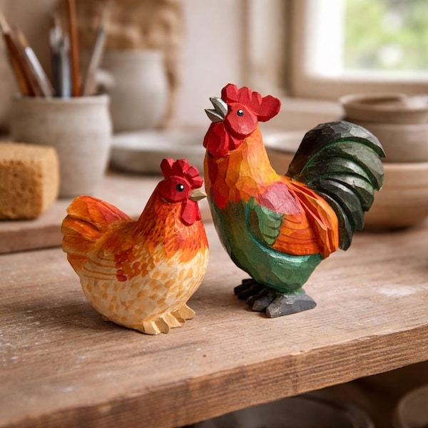 Hand Carved Wooden Chicken Figurine, Rooster Wood Sculpture, Handmade Basswood Farmhouse Decor