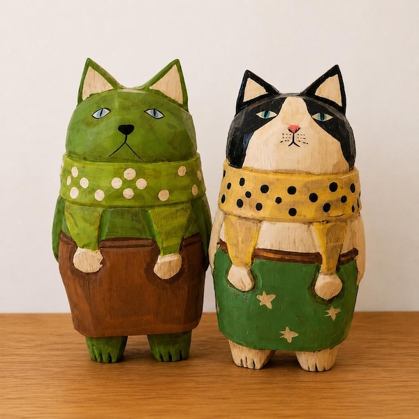 Hand Carved Wooden Cat Figurine, Scandinavian Folk Art Sculpture, Whimsical Shelf Ornament