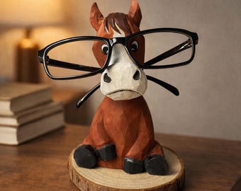 Portaocchiali a forma di cavallo in legno intagliato a mano, supporto per occhiali in legno, decorazione da scrivania