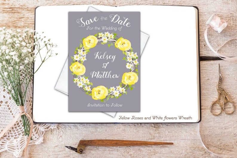 Save the Date Floral Boho Yellow and Gray White Printable Save the Date Summer Wedding Invitation Wreath Set Wedding Suite Wedding Printable
