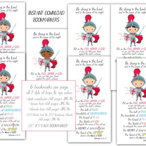 Segnalibri stampabili Armor of God Scripture BOY Efesini 6:11-17 per bambini Scuola domenicale Materiale per lo studio della Bibbia per donne Schede delle Scritture