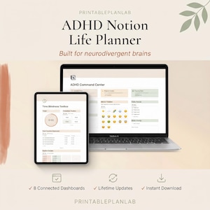 Peut inclure: Un planificateur de vie numérique ADHD Notion affiché sur un ordinateur portable et une tablette. Le planificateur comprend des tableaux de bord, une boîte à outils pour la cécité temporelle et un suivi de l'humeur. Le texte sur l'image indique "ADHD Notion Life Planner".