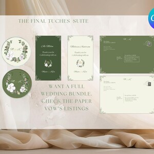 Puede incluir: Un conjunto de papelería de boda con tarjetas de invitación, sobres y pegatinas circulares. El diseño incluye detalles florales, el texto "THE FINAL TUCHES SUITE" y el texto "WANT A FULL WEDDING BUNDLE. CHECK THE PAPER VOW'S LISTINGS."