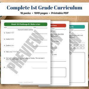 Puede incluir: Un plan de estudios completo de primer grado con 12 paquetes y 1049 páginas imprimibles. El documento muestra hojas de trabajo de matemáticas tituladas Week 10 Challenge B: Make a ten, con problemas de suma y problemas verbales.