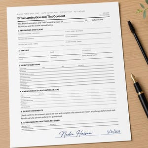 Brow Lamination and Tint Consent, Brow Artist, Eyebrow Consent, Esthetician Form, Printable Fill-In PDF