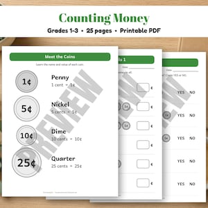 May include: A printable PDF educational worksheet titled Counting Money for grades 1-3, featuring 25 pages. The document includes a Meet the Coins section illustrating a penny, nickel, dime, and quarter with their respective values in cents.