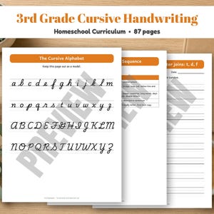 May include: A 87-page 3rd Grade Cursive Handwriting Homeschool Curriculum workbook featuring white pages with black cursive alphabet letters, practice lines, and orange headers. The text includes "3rd Grade Cursive Handwriting" and "The Cursive Alphabet."
