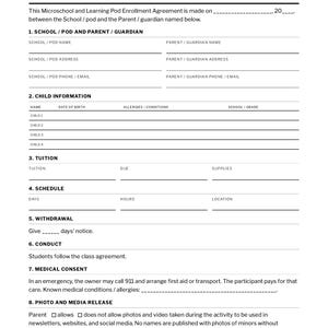 Microschool and Learning Pod Enrollment Agreement, Fill-In PDF Tuition, Schedule, Learning Plan and Pickup