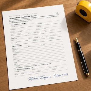 Può includere: Un documento di contratto per la costruzione di terrazze e patii con testo nero, righe vuote per le informazioni, una firma di Michael Thompson datata 7 ottobre 2026, una penna stilografica nera e un metro a nastro giallo.