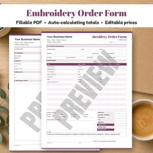 Puede incluir: Una plantilla de formulario de pedido de bordado imprimible con secciones para información del cliente, detalles de diseño y precios detallados. El documento incluye campos para el nombre de la empresa y totales, con una marca de agua que dice PREVIEW.