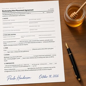 Beekeeping Hive Placement Agreement, Bee Hive Lease, Apiary Agreement, Honey Bee Placement, Printable Fill-In PDF