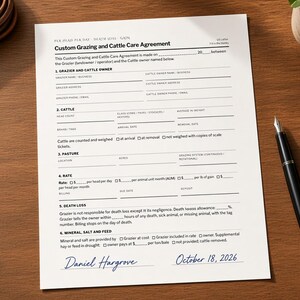 Puede incluir: Un documento blanco titulado Custom Grazing and Cattle Care Agreement con texto impreso en negro, líneas en blanco para ingresar datos y una línea de firma firmada por Daniel Hargrove con la fecha 18 de octubre de 2026 en tinta azul.