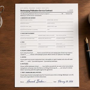 Beekeeping Pollination Service Contract, Pollination Form, Orchard Pollination, Hive Placement, Printable Fill-In PDF