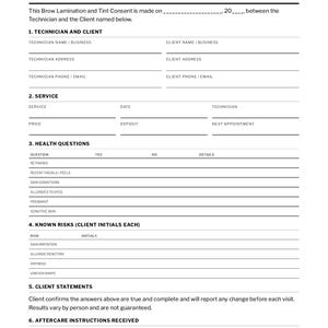 Brow Lamination and Tint Consent, Brow Artist, Eyebrow Consent, Esthetician Form, Printable Fill-In PDF