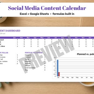 Social-Media-Content-Kalender (Tabellenkalkulation), Content-Planer für Google Sheets und Excel, Ideensammlung für Beiträge, Analyse-Tracker für kleine Unternehmen