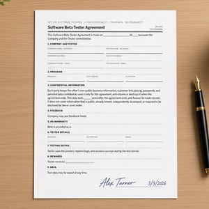 Acuerdo de probador beta de software, pruebas de aplicaciones, acuerdo de confidencialidad para probadores, desarrollador de aplicaciones, PDF imprimible para rellenar