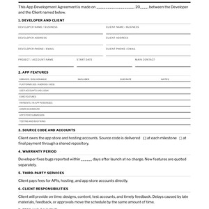 App Development Agreement, Developer Contract, Software Contract, Mobile App Form, Printable Fill-In PDF