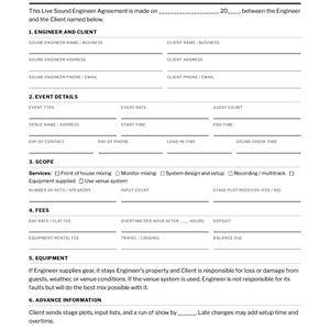 Vertrag für Live-Toningenieure, Formular für Toningenieure, Vertrag für Tontechniker, Audioingenieur, druckbares ausfüllbares PDF