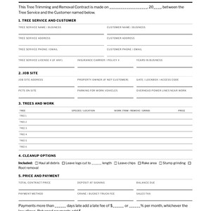 Baumschnitt- und Fällvertrag, ausfüllbares PDF für Baumpflegedienste und Kunden mit Aufräumoptionen und Unterschrift