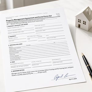 May include: A printed Property Management Agreement and Owner Forms Set document with black text on white paper, featuring sections for property details, services, fees, and manager duties, signed with a black pen dated April 3, 2026.