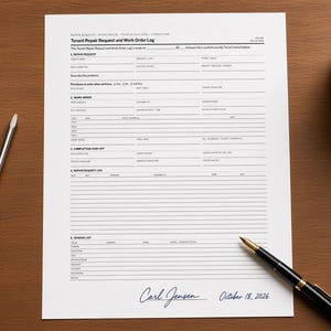 Registro delle richieste di riparazione e degli ordini di lavoro degli inquilini, modulo d'ordine di lavoro, registro di manutenzione, monitoraggio della garanzia, PDF stampabile e compilabile.