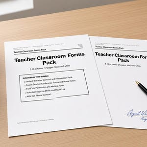 Peut inclure: Deux feuilles de papier blanches intitulées Teacher Classroom Forms Pack, énumérant des contenus tels que Student Behavior Contract, Parent Teacher Conference Forms, Field Trip Permission, Volunteer Sign-Up Sheet et Kids Cell Phone Contract.