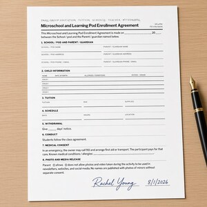 Microschool and Learning Pod Enrollment Agreement, Tuition Contract, Private School, Homeschool Pod, Printable Fill-In PDF
