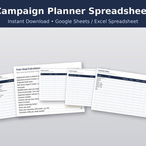 Può includere: Un modello di foglio di calcolo digitale per la pianificazione di campagne, compatibile con Google Sheets ed Excel. Include schede per il cronoprogramma della campagna, il calcolatore degli obiettivi di voto, il registro dei volontari e il budget.