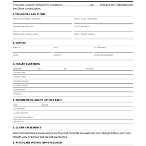 Lash Lift and Tint Consent, Lash Lift Form, Lash Artist, Lash Perm, Printable Fill-In PDF