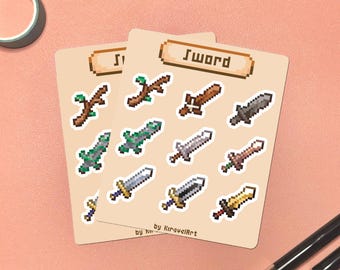 Feuille d'autocollants pour épée pixelisée | Stickers gamer RPG kawaii, Stickers imperméables, articles de papeterie sympas, accessoires pixel art,