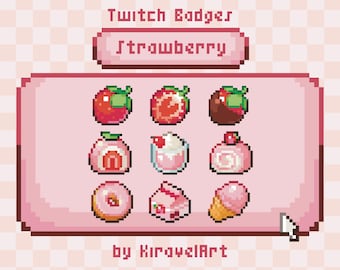 Pixel Art Strawberry Twitch Badges: Kawaii Streaming Icons, Strawberry Bit Badges, Kawaii Pink Streaming Assets, Cute Discord Emotes