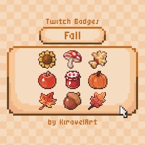 May include: A pixel art graphic featuring fall-themed Twitch badges. The badges include a sunflower, mushroom, fall leaves, apple, jar of jam, pumpkin, maple leaf, acorn, and another leaf. The text "Twitch Badges" and "Fall" are also present.