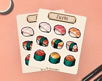 May include: Two sticker sheets featuring pixelated sushi illustrations. Each sheet has a beige background and includes various sushi types, such as nigiri and maki rolls. The word "Sushi" is written at the top of the sheet.