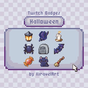 May include: Pixel art Twitch badges with a Halloween theme. Includes a lantern, witch hat, candle, spider, tombstone, bat, candy, black cat, and broom. The text "Twitch Badges" and "Halloween" are displayed.